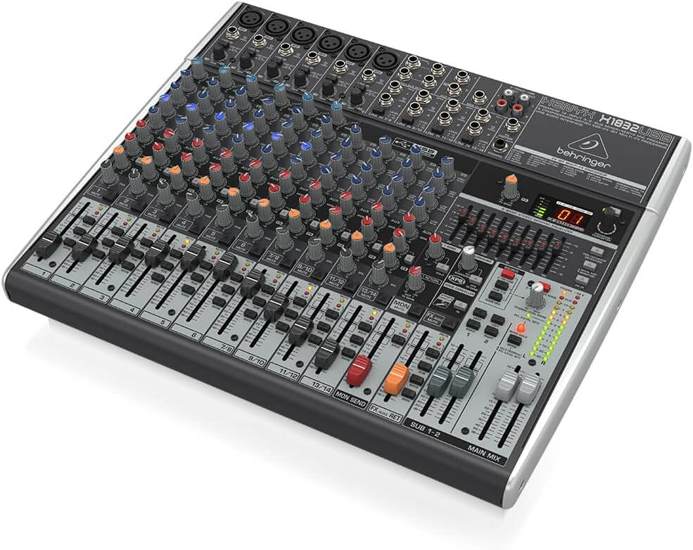 Behringer Xenyx X1832USB Mixer with multiple input channels and USB connectivity.