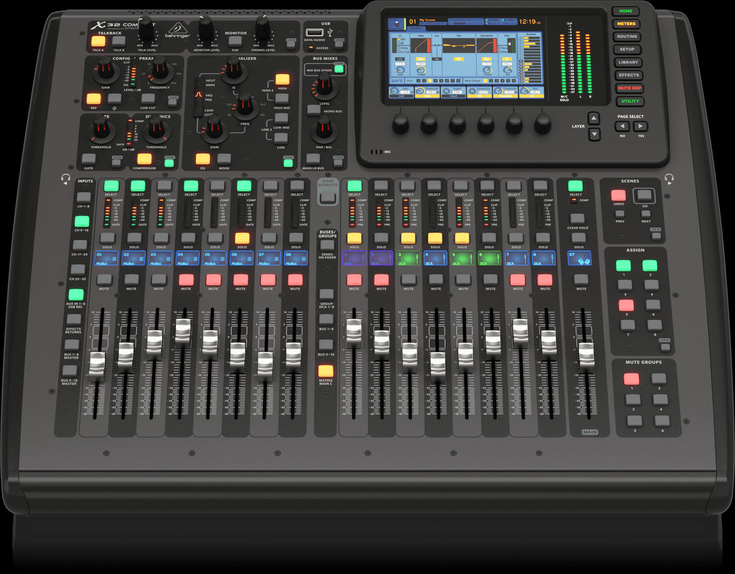 Behringer X32 Producer Compact 40-Input 25-Bus Rack Digital Mixer viewed from the top front angle.