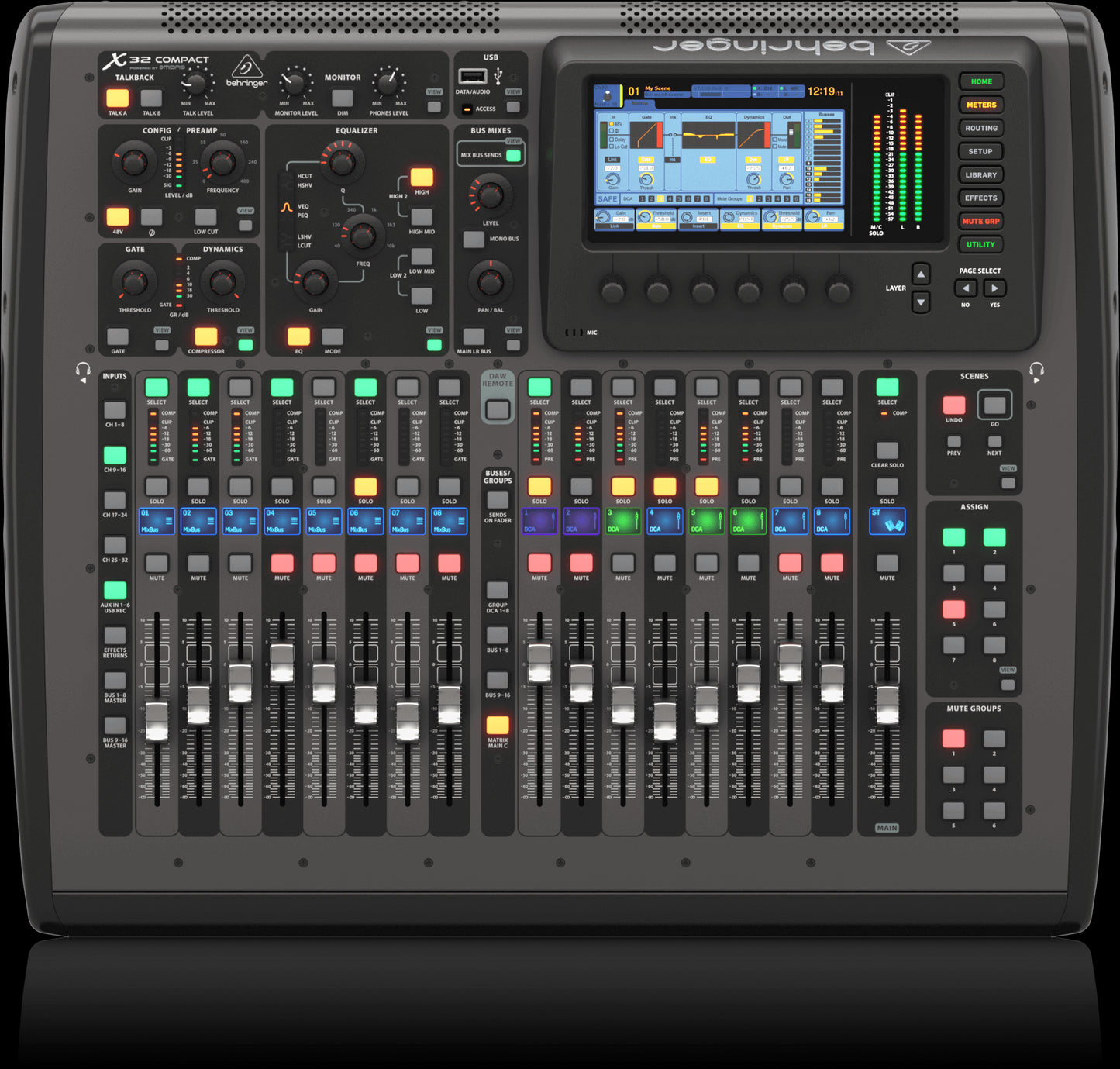 Top view of the Behringer X32 Producer Compact 40-Input 25-Bus Rack Digital Mixer.