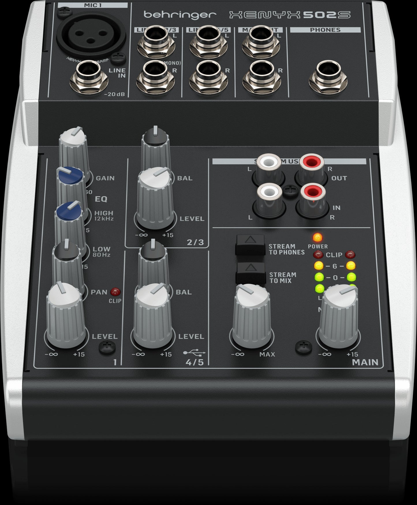 Behringer Xenyx 502 5-Input 2-Bus Analog Mixer with British EQ, top and front view
