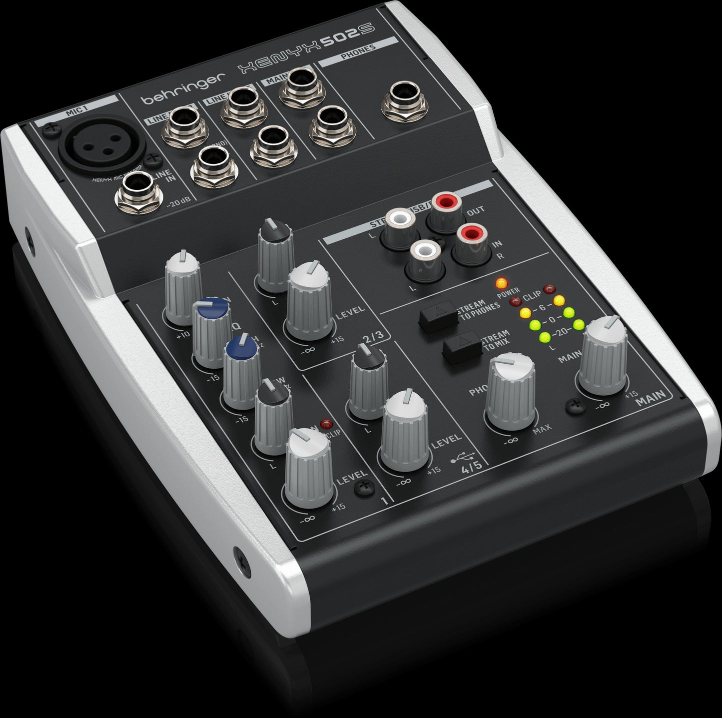 Behringer Xenyx 502 5-Input 2-Bus Analog Mixer showcasing its left side view with British EQ.