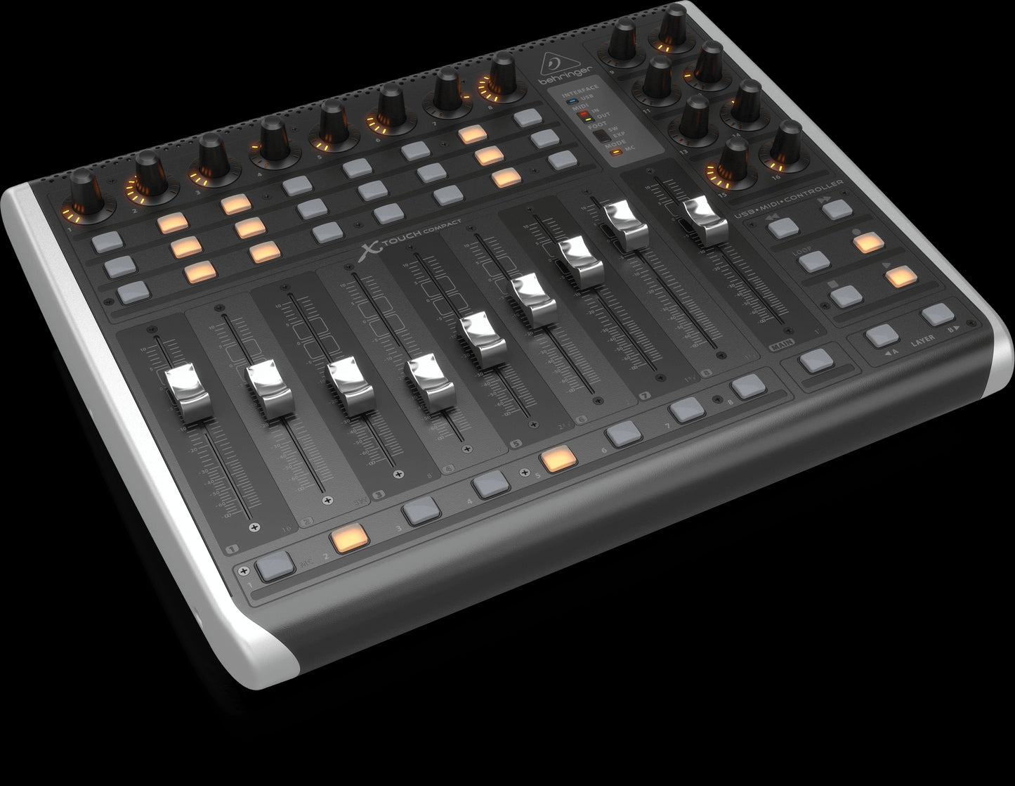 Behringer X-Touch Compact Universal DAW Controller featuring 9 faders, shown from the left side.