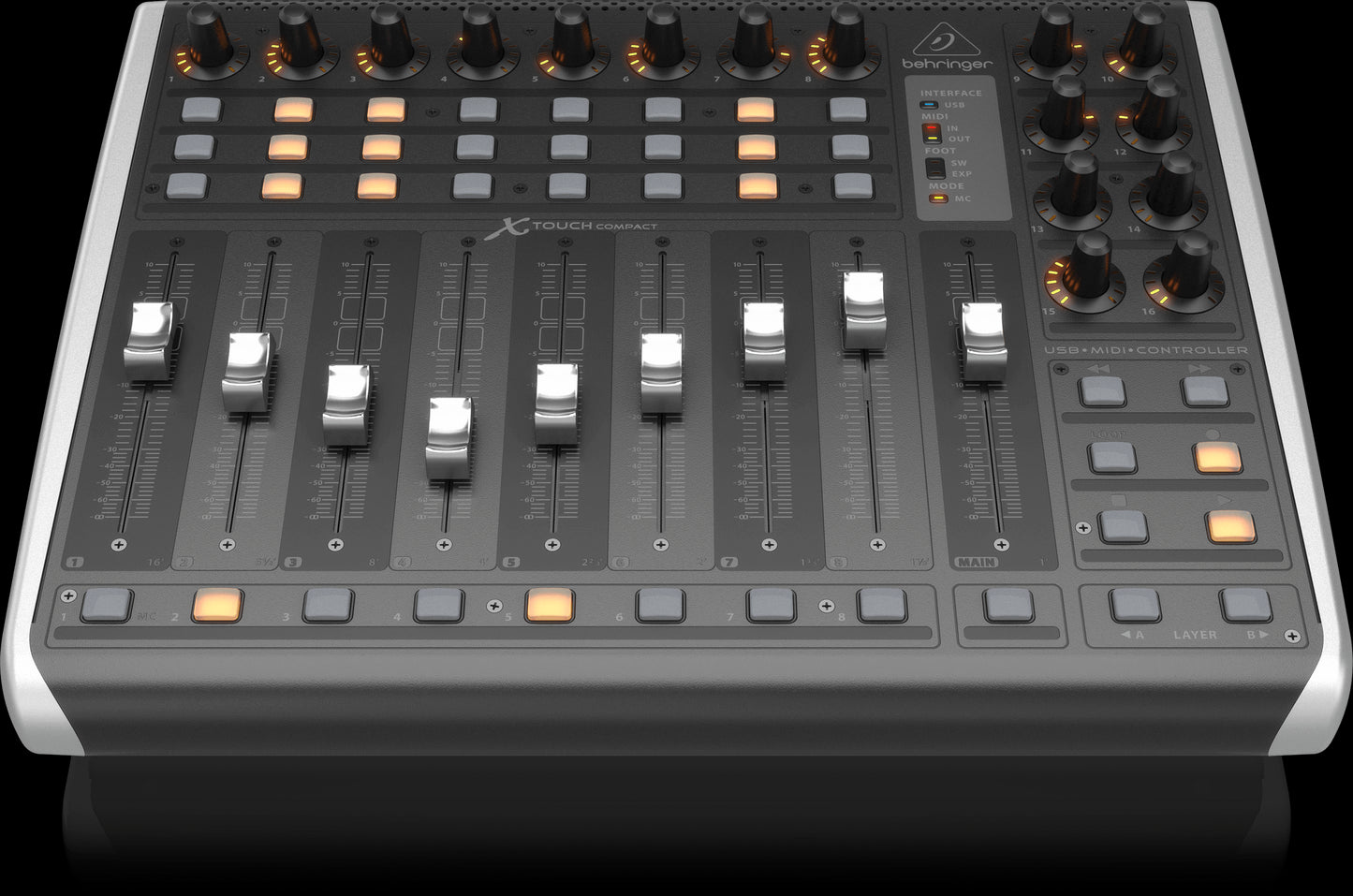Behringer X-Touch Compact Universal DAW Controller with 9 faders, top view showcasing its sleek design and control layout.