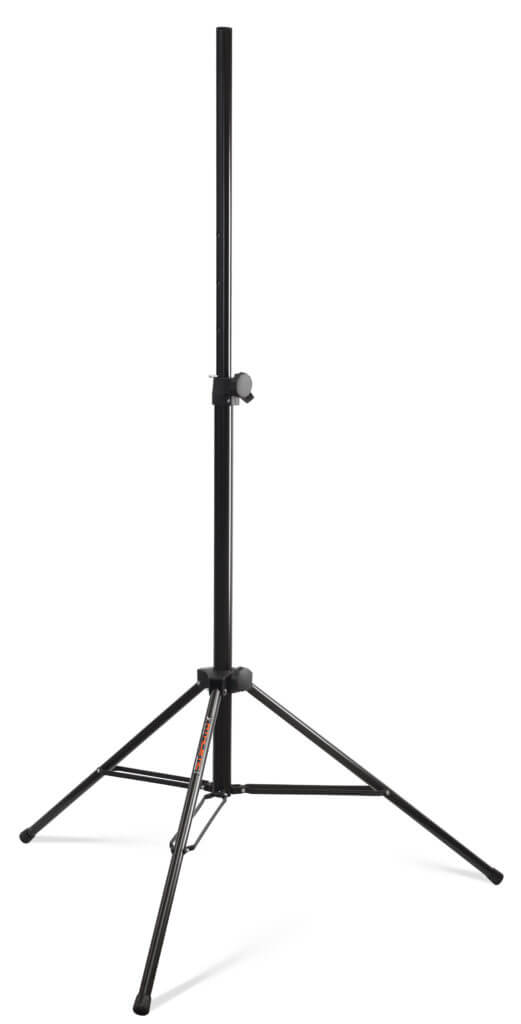 Adjustable steel speaker stand with double leg reinforcement, capable of holding up to 50kg.