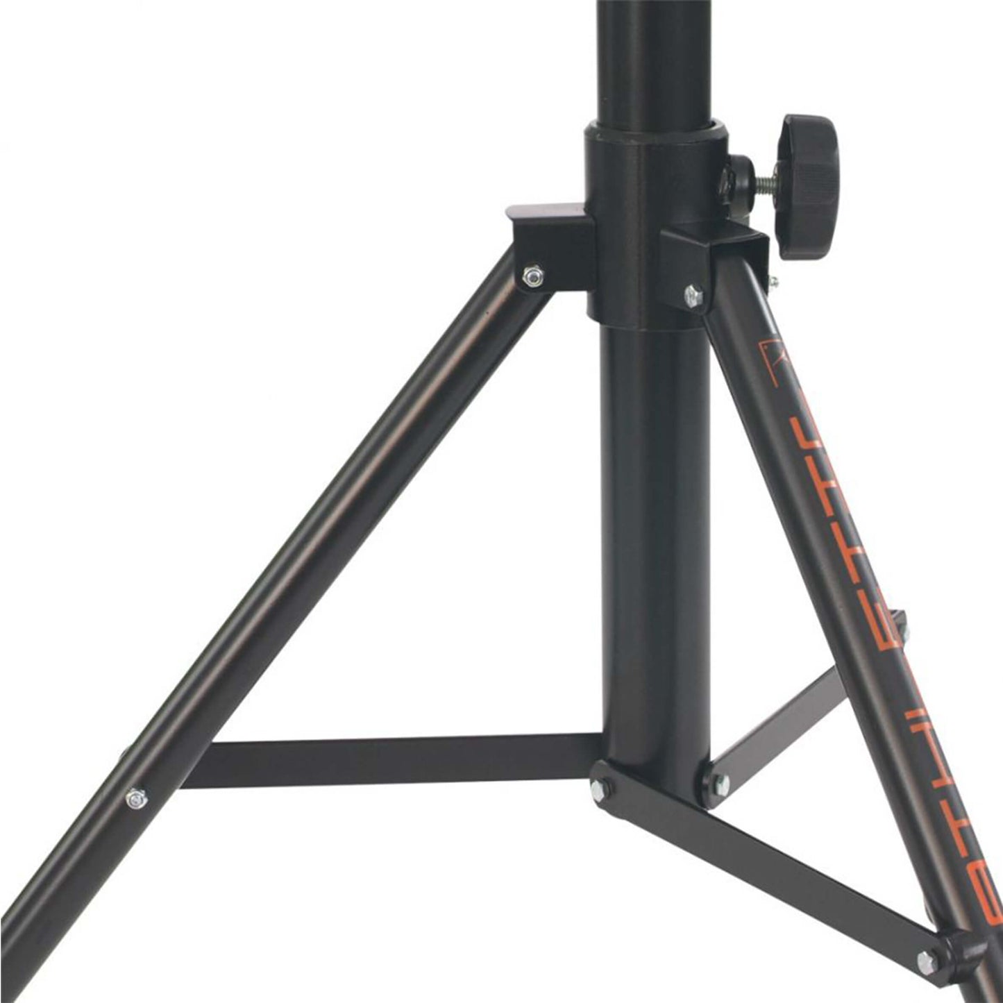 Adjustable steel speaker stand designed to support up to 50kg, featuring double leg reinforcement for stability.