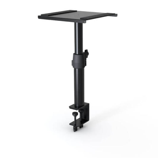 Adjustable steel stand designed for studio monitors, showcasing a sturdy and versatile mount.