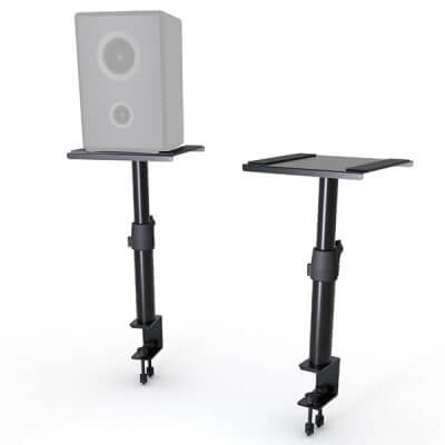 Adjustable steel stand designed for studio monitors, showcasing its sturdy construction and functionality.