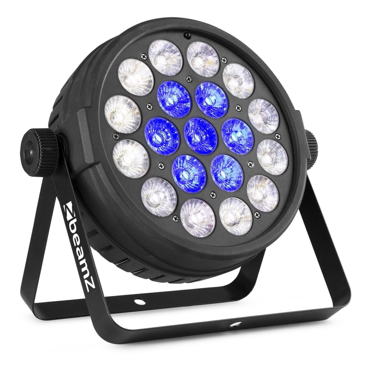 Angled view of the BT410 Lightweight Par 19x 10W RGBW with circle pixel control and full color mixing by beamZ 1.