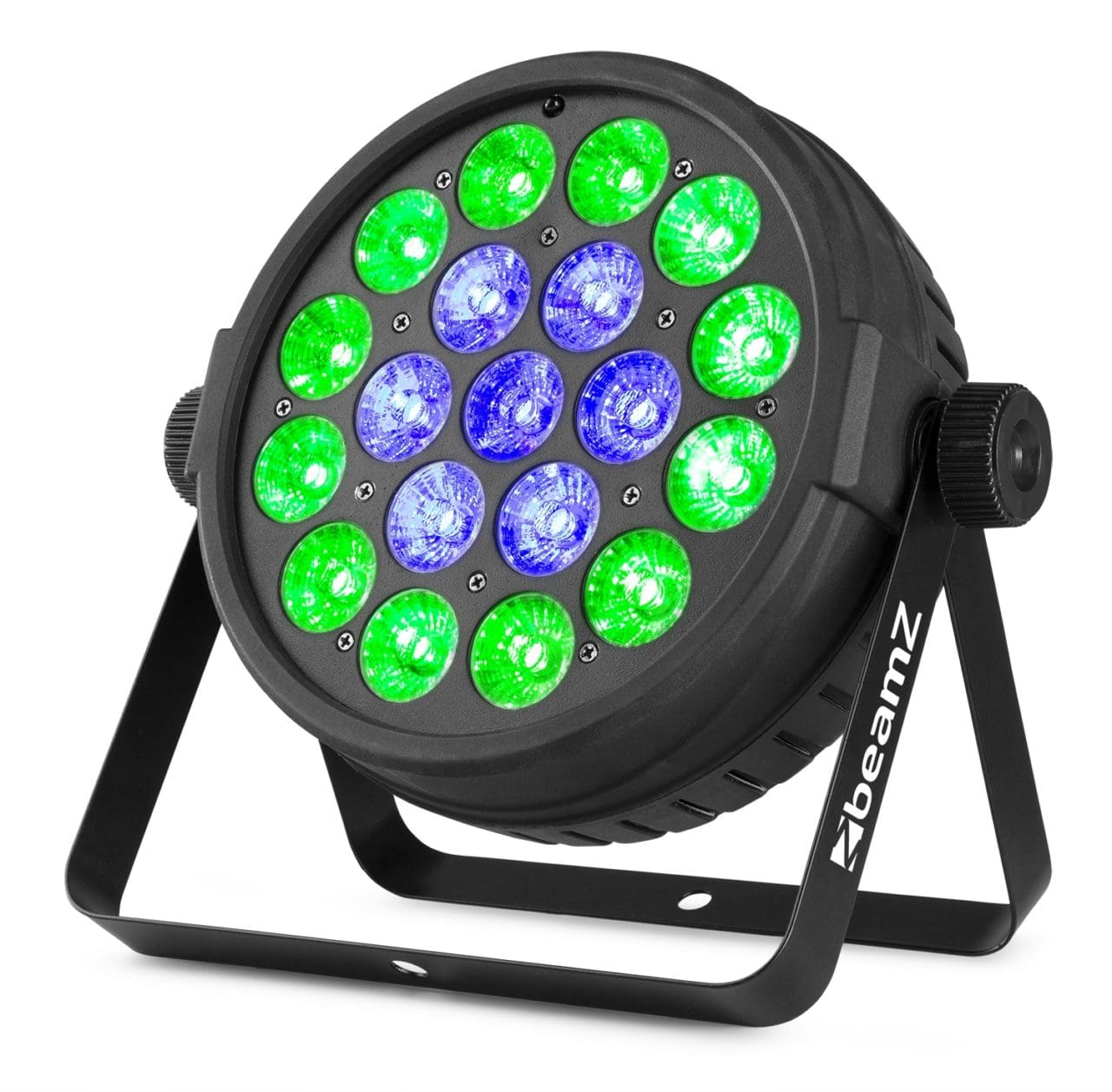 Angled view of the BT410 Lightweight Par 19x 10W RGBW with circle pixel control and full color mixing by beamZ 4.