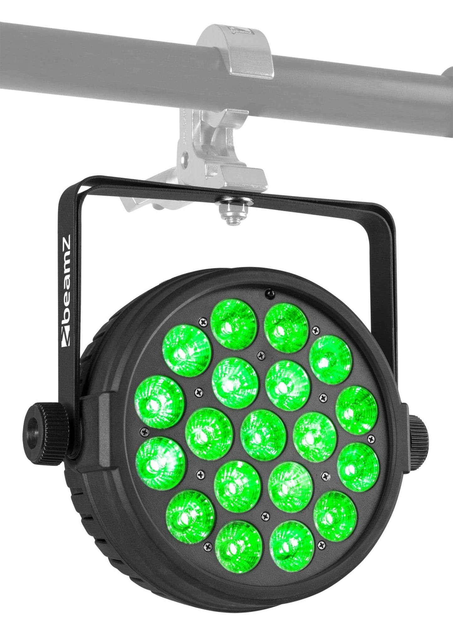 Angled view of the BT410 Lightweight Par 19x 10W RGBW with circle pixel control and full color mixing by beamZ 5.