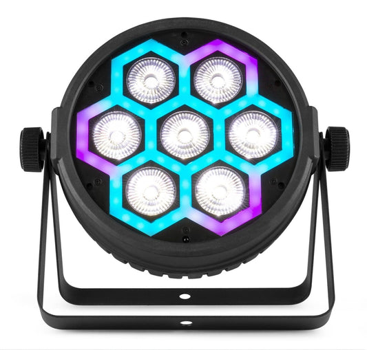 Front view of the BT420 Lightweight Par 7x 10W + SMD Combi Effect with RGBW color mixing and dynamic backlighting by beamZ.