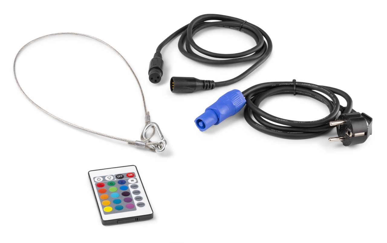 Top view of the remote control (wireless), mounting bracket, safety cord, power cable and DMX cable for the BT420 Lightweight Par 7x 10W + SMD Combi Effect with RGBW color mixing and dynamic backlighting by beamZ.