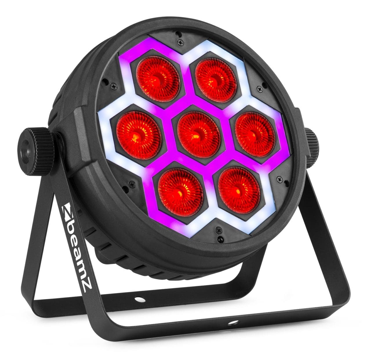 Angled view of the BT420 Lightweight Par 7x 10W + SMD Combi Effect with RGBW color mixing and dynamic backlighting by beamZ 1.