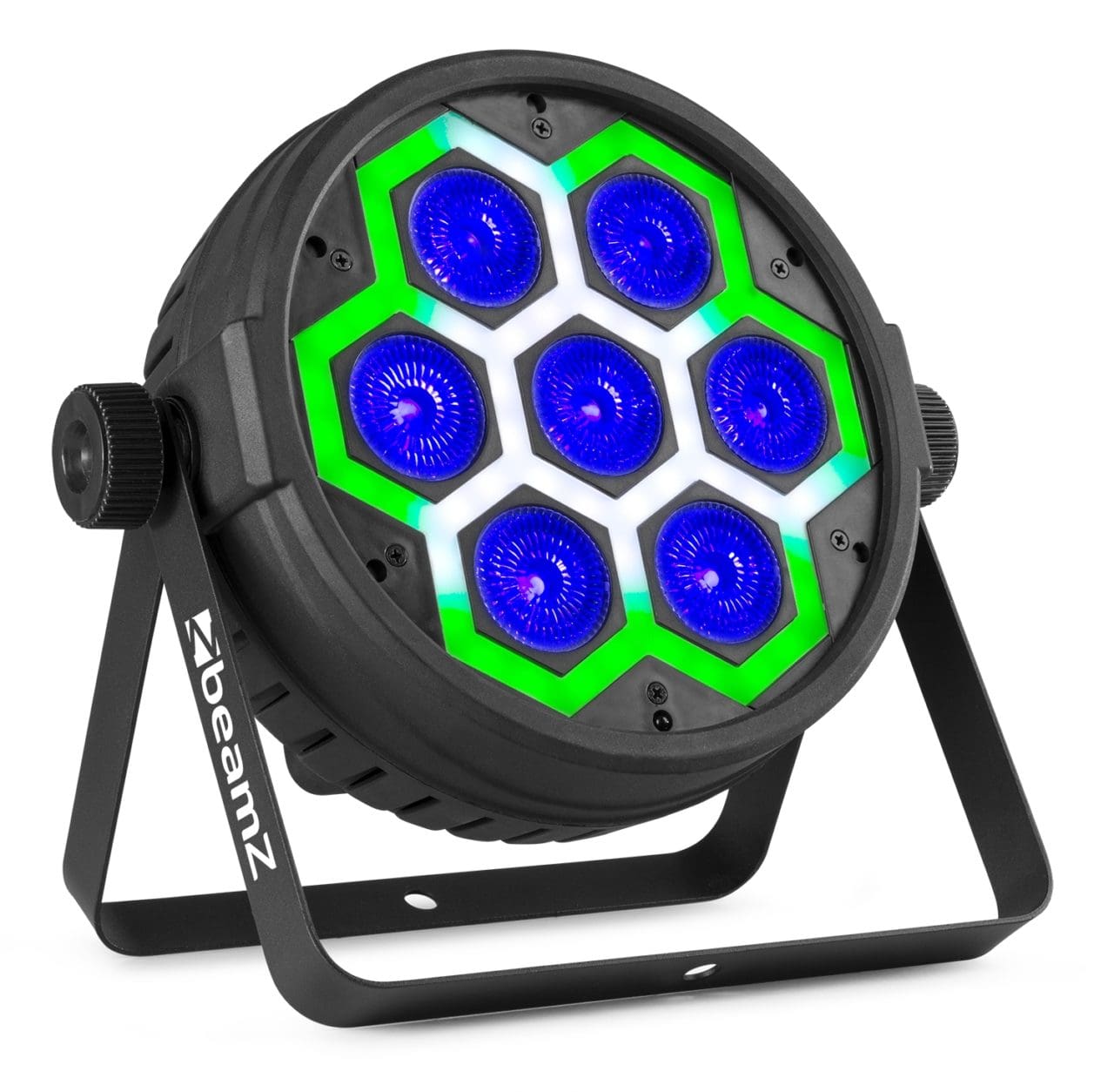 Angled view of the BT420 Lightweight Par 7x 10W + SMD Combi Effect with RGBW color mixing and dynamic backlighting by beamZ 2.