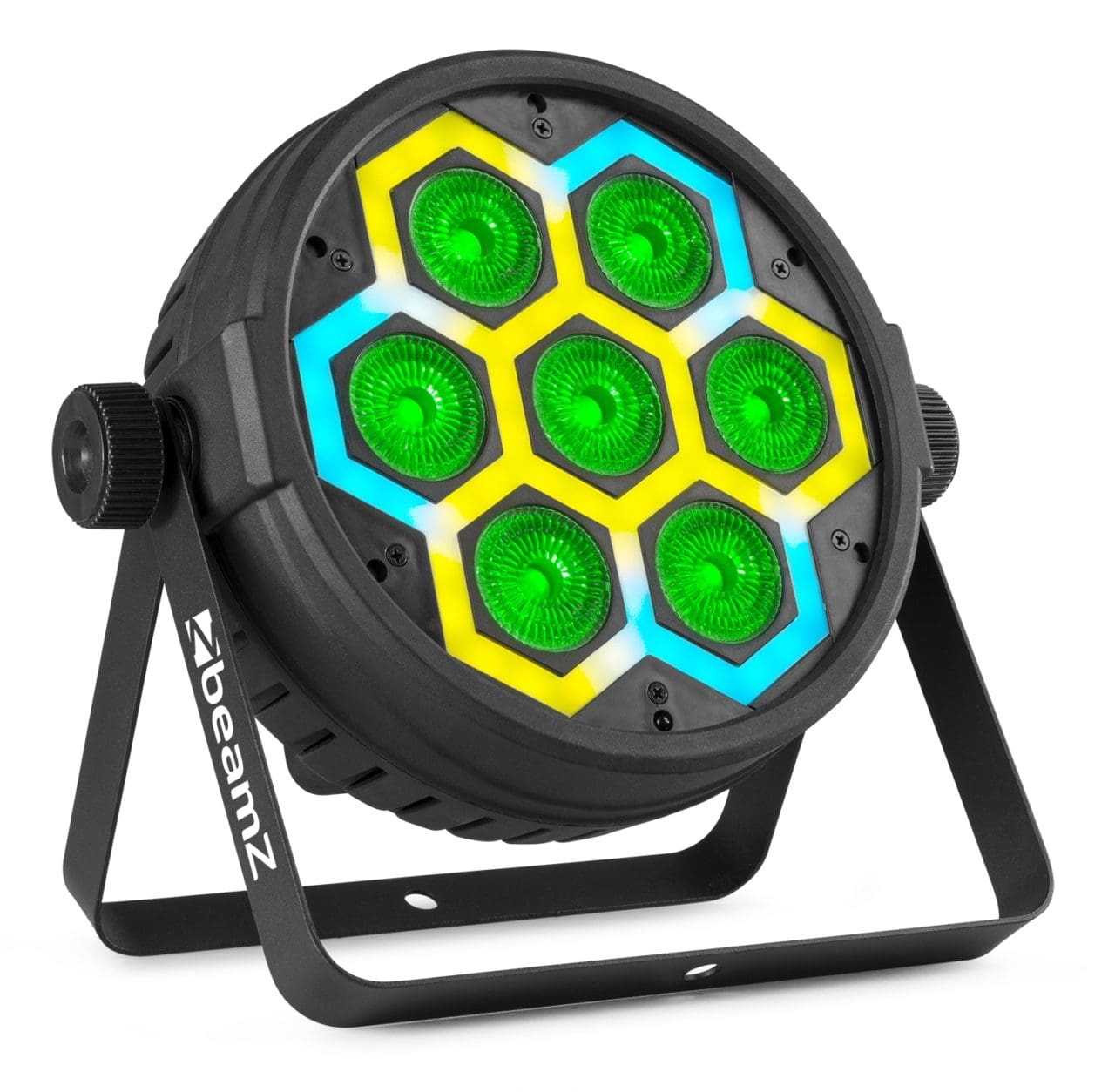 Angled view of the BT420 Lightweight Par 7x 10W + SMD Combi Effect with RGBW color mixing and dynamic backlighting by beamZ 3.