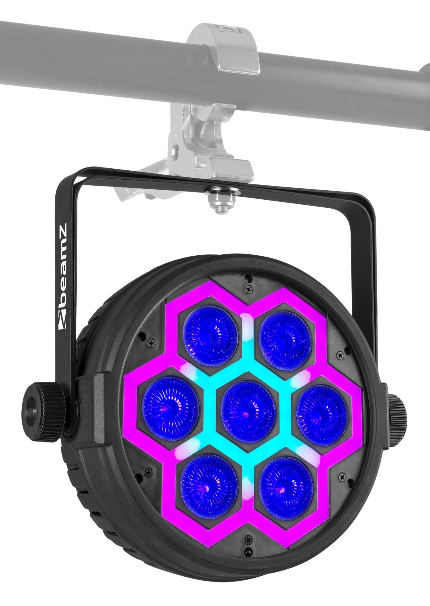 Angled view of the BT420 Lightweight Par 7x 10W + SMD Combi Effect with RGBW color mixing and dynamic backlighting by beamZ 5.