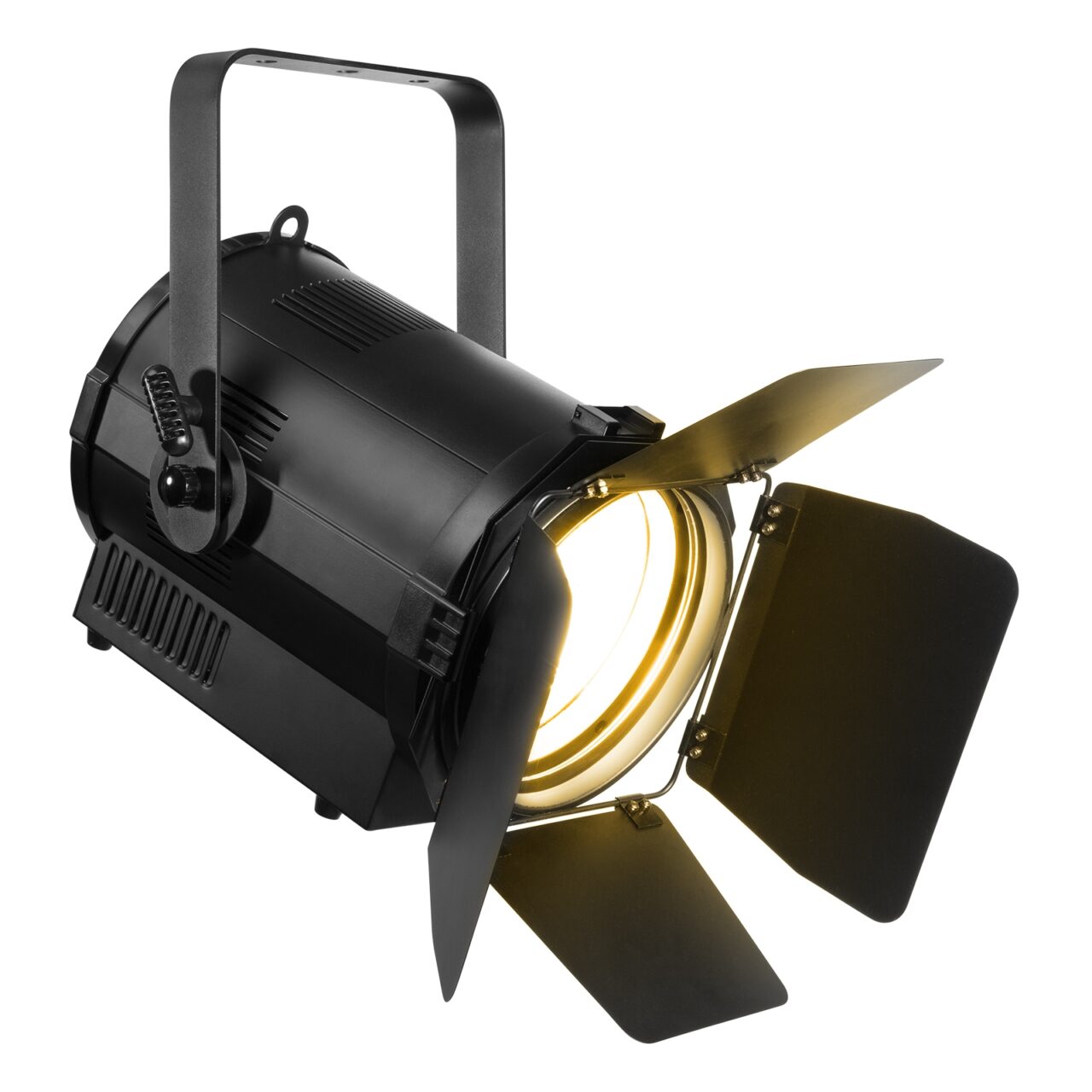Angled view of the BTF300Z Fresnel Zoom 300W LED White 3200K, compact and versatile stage lighting solution by beamZ Pro 1.
