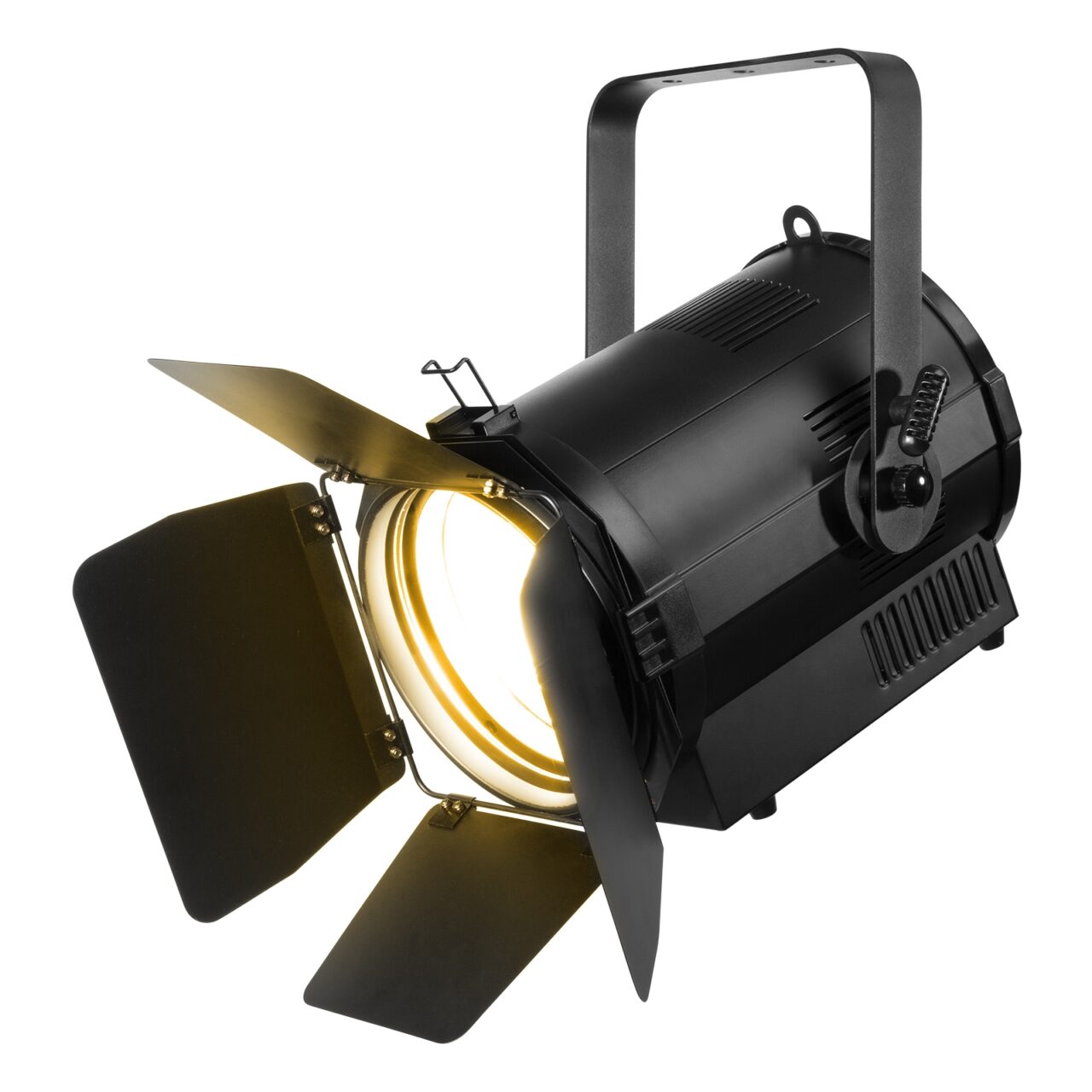 Angled view of the BTF300Z Fresnel Zoom 300W LED White 3200K, compact and versatile stage lighting solution by beamZ Pro 2.
