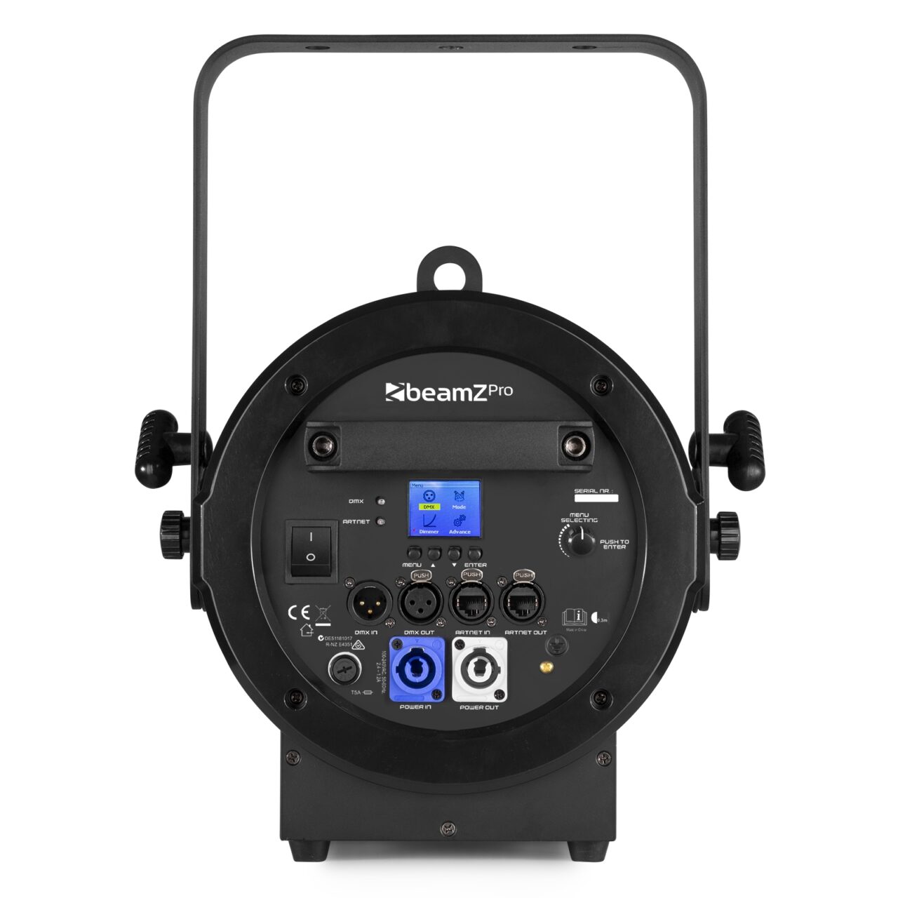 Back view of the BTF300Z Fresnel Zoom 300W LED White 3200K, compact and versatile stage lighting solution by beamZ Pro.
