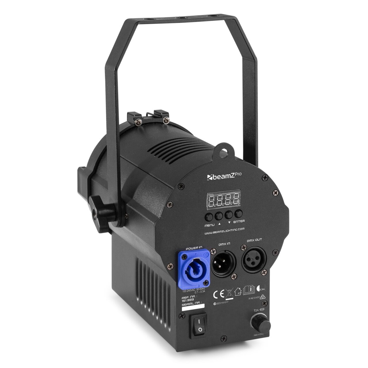 Angled back view of the BTF440Z Mini Fresnel Zoom 4x 40W RGBW COB LED - Ideal for theaters, studios, and events.