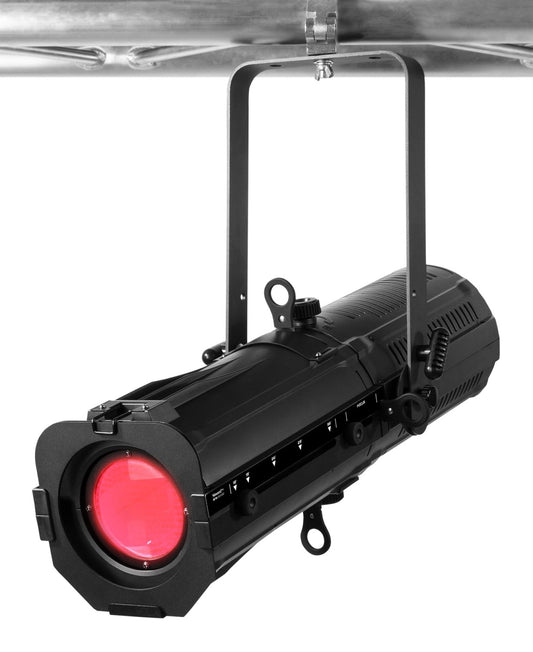 Angled view of the BTS250C LED Profile Spot Zoom 250W RGBW by beamZ Pro in black, showcasing powerful RGBW color mixing and manual zoom 1.