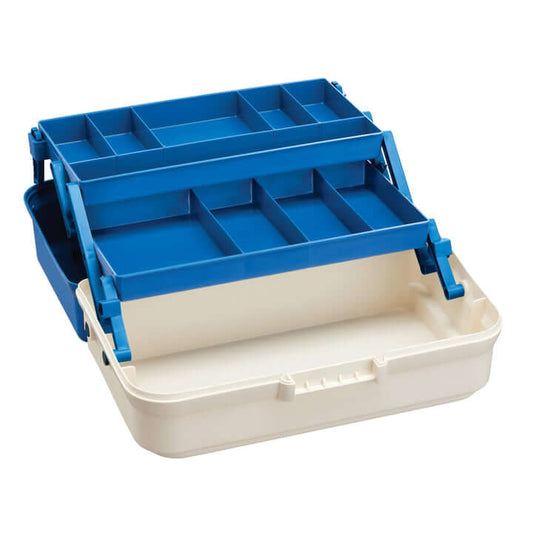 Interior view of the SP PAN 143 White/Blue Polypropylene Tackle Box featuring 2 shelves and 9 compartments.