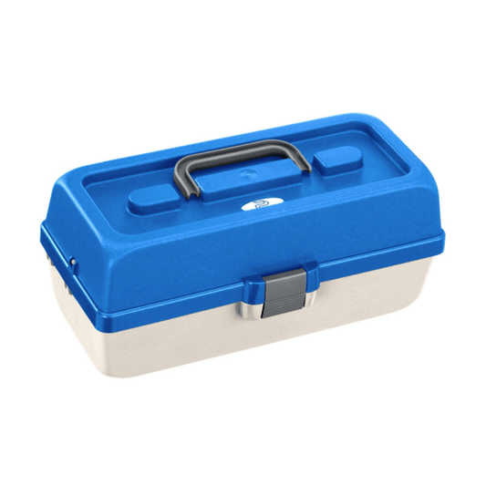 White and blue polypropylene tackle box with two shelves and nine compartments, ideal for organizing fishing gear.