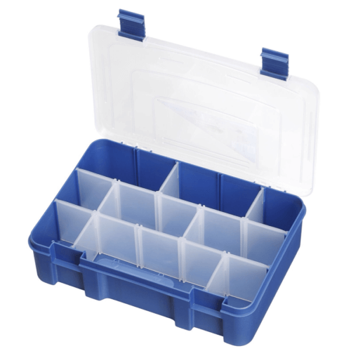 SP PAN 136 White/Blue Polypropylene Tackle Box with 4 shelves and 14 compartments, ideal for organizing fishing gear.