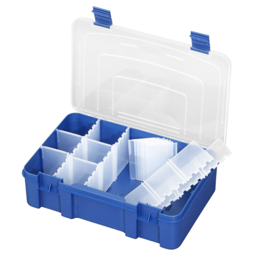 SP PAN 136 White/Blue Polypropylene Tackle Box featuring 4 shelves and 14 compartments.