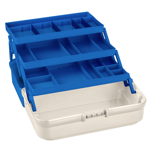 SP PAN 145 white and blue polypropylene tackle box featuring three shelves, designed for XL storage solutions.