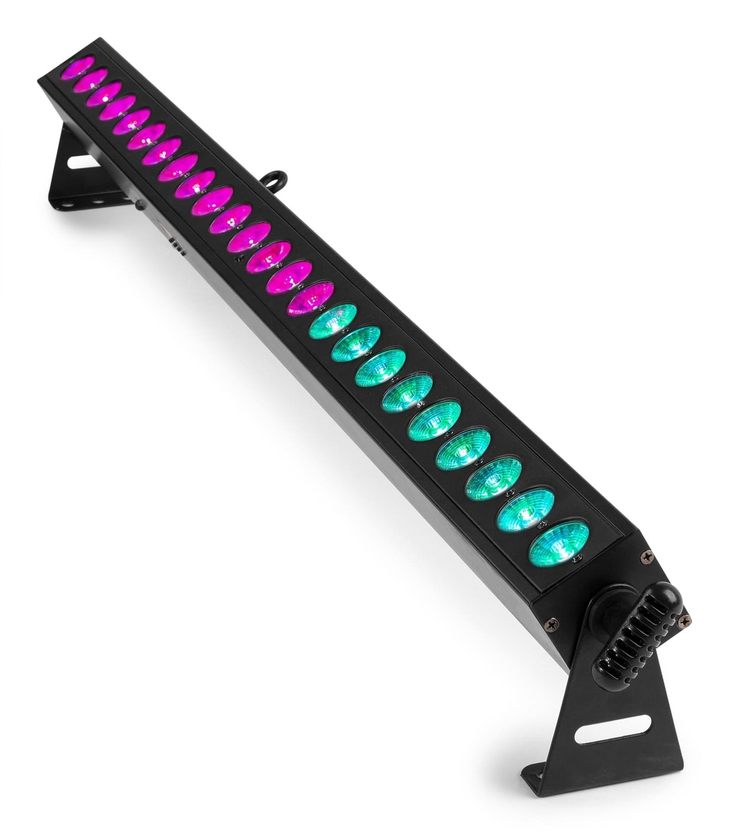 Top angled view of the BeamZ BBB243 Battery Powered LED BAR with 24x 3W RGB LEDs, ideal for stage and event lighting in Pink and Light Blue/Cyan.