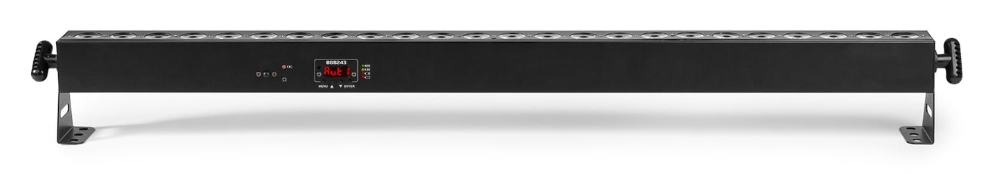 Front view of the top of the BeamZ BBB243 Battery Powered LED BAR with 24x 3W RGB LEDs, ideal for stage and event lighting.