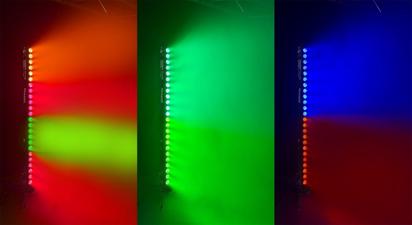 Effects view of the BeamZ BBB243 Battery Powered LED BAR with 24x 3W RGB LEDs, ideal for stage and event lighting 1.