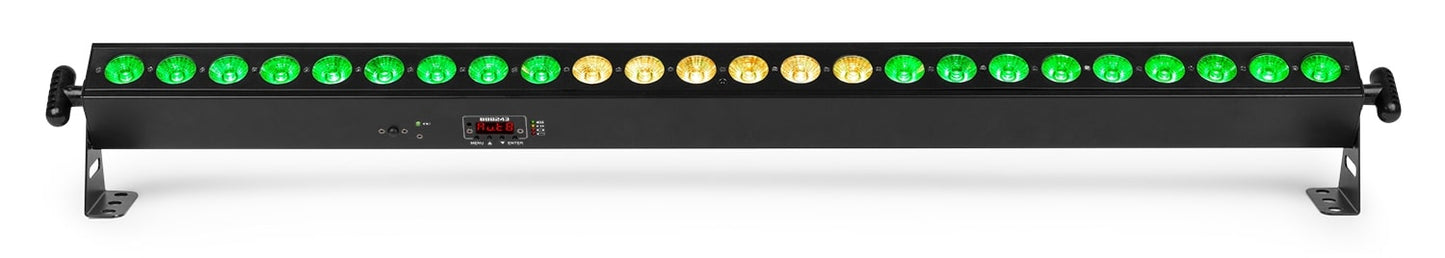 Top view of the BeamZ BBB243 Battery Powered LED BAR with 24x 3W RGB LEDs, ideal for stage and event lighting in Green and Yellow.