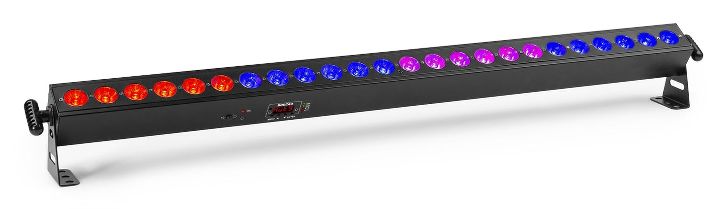 Top angled view of the BeamZ BBB243 Battery Powered LED BAR with 24x 3W RGB LEDs, ideal for stage and event lighting in Red, Blue and Pink.
