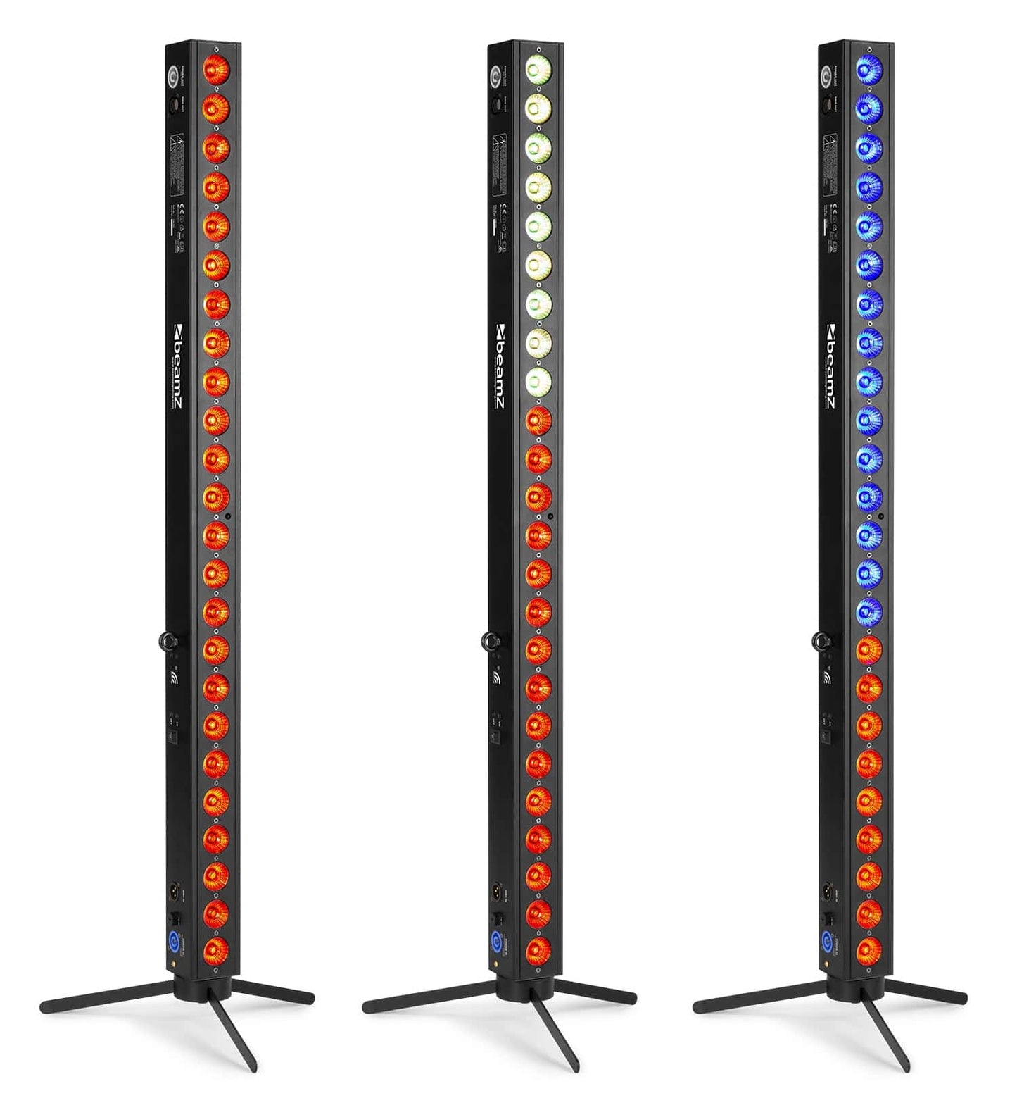 Front view of the upright BeamZ BBB243 Battery Powered LED BAR with 24x 3W RGB LEDs, ideal for stage and event lighting 1.
