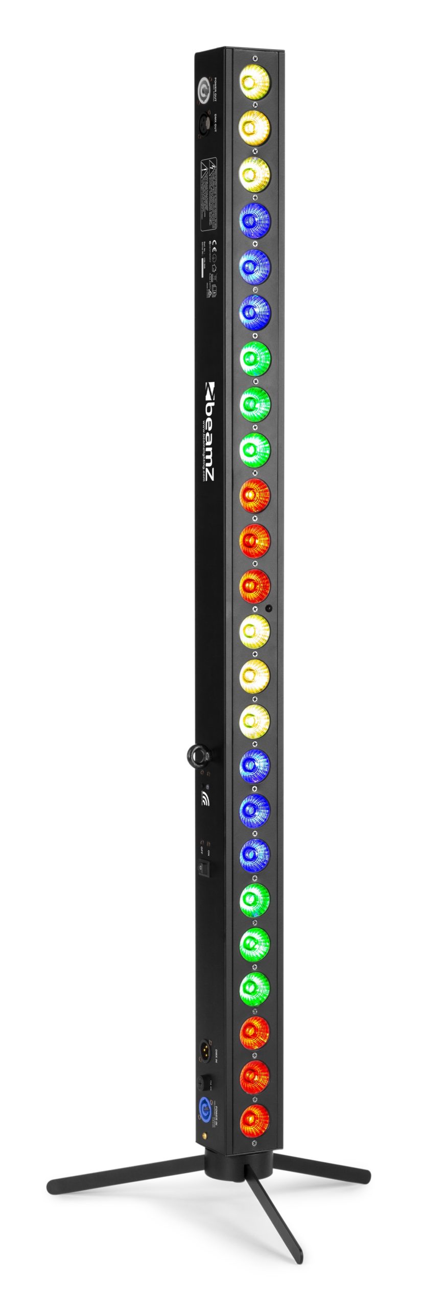 Front view of the upright BeamZ BBB243 Battery Powered LED BAR with 24x 3W RGB LEDs, ideal for stage and event lighting 2.
