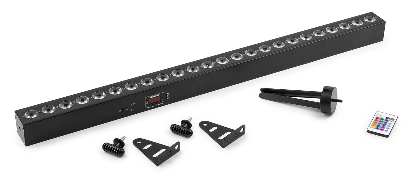 Top view of the BeamZ BBB243 Battery Powered LED BAR with 24x 3W RGB LEDs, ideal for stage and event lighting with mounting brackets and remote control.