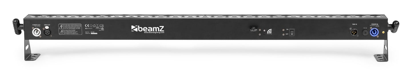 Front view of the bottom of the BeamZ BBB243 Battery Powered LED BAR with 24x 3W RGB LEDs, ideal for stage and event lighting.