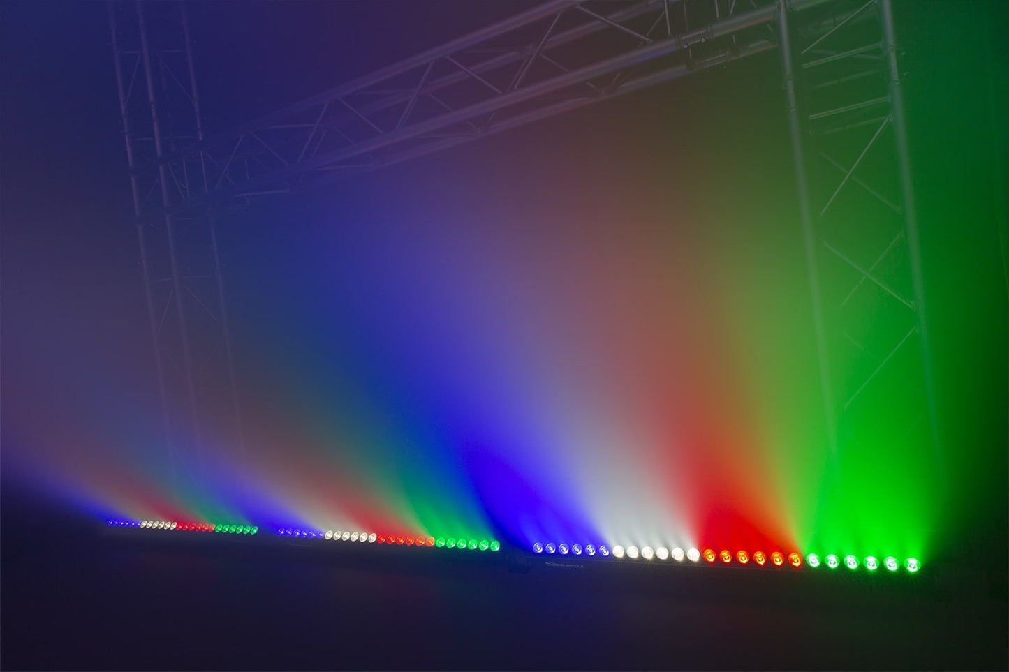 Effects view of the BeamZ LCB244 LED Bar displaying vibrant RGBW colors with 24x 4W 4-in-1 LEDs and multiple DMX control options 4.