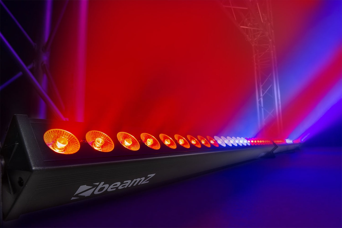 Effects view of the BeamZ LCB244 LED Bar displaying vibrant RGBW colors with 24x 4W 4-in-1 LEDs and multiple DMX control options 4.
