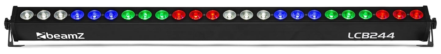 Top view of the BeamZ LCB244 LED Bar displaying vibrant RGBW colors with 24x 4W 4-in-1 LEDs and multiple DMX control options.