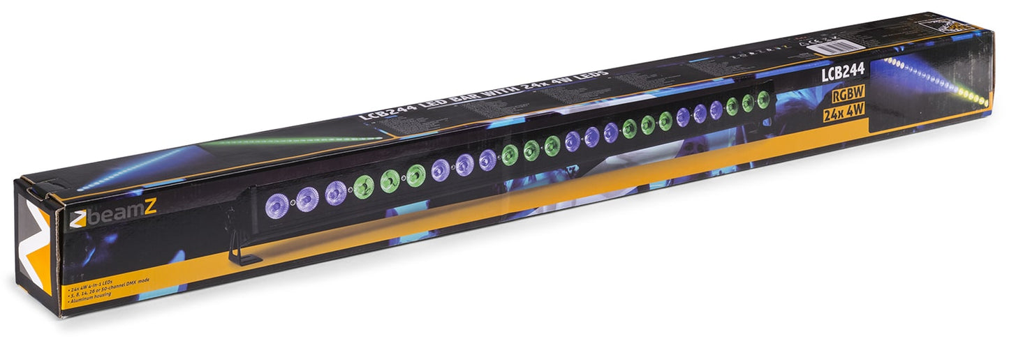 Top boxed view of the BeamZ LCB244 LED Bar displaying vibrant RGBW colors with 24x 4W 4-in-1 LEDs and multiple DMX control options.