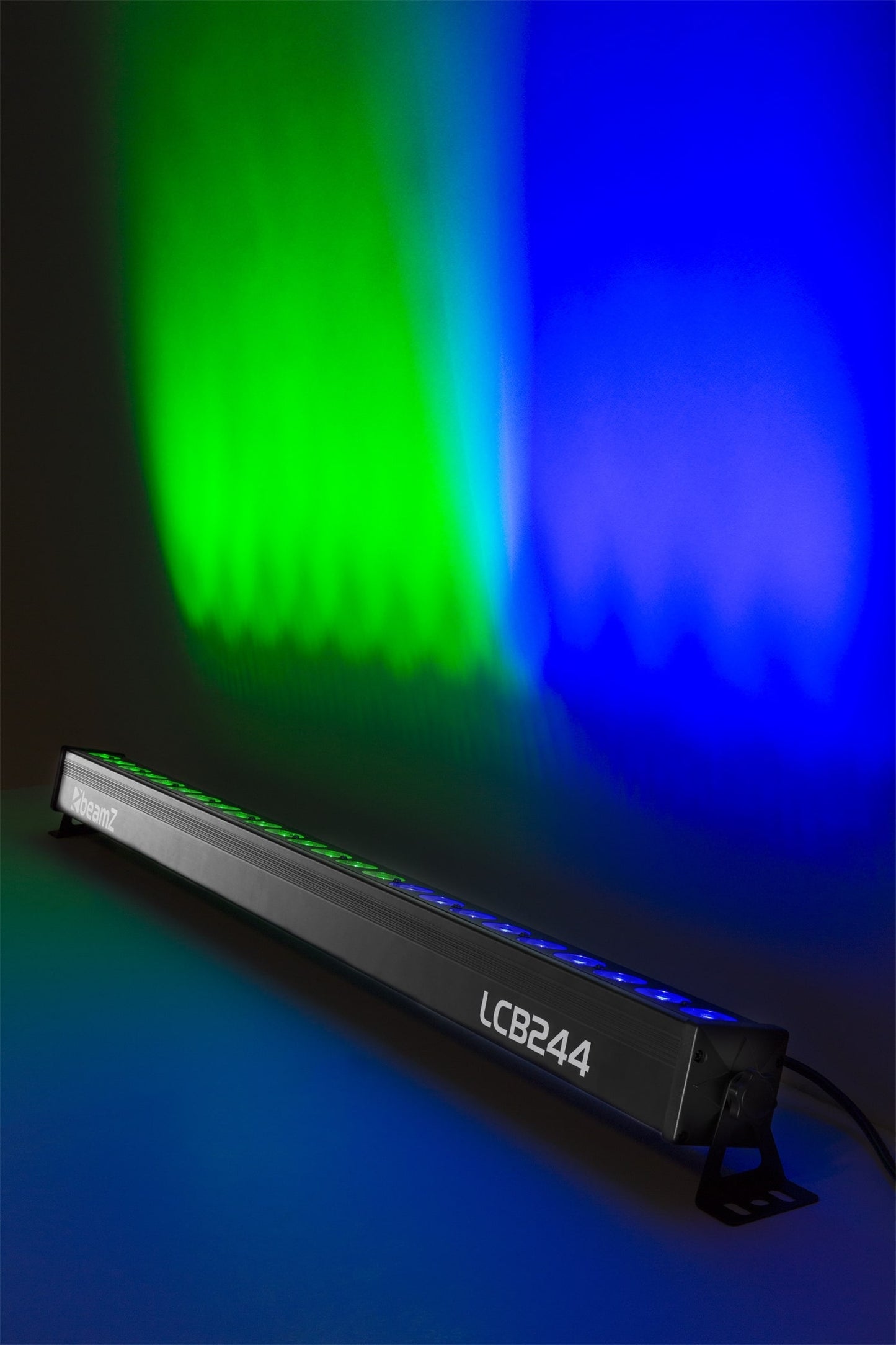 Effects view of the BeamZ LCB244 LED Bar displaying vibrant RGBW colors with 24x 4W 4-in-1 LEDs and multiple DMX control options 3.