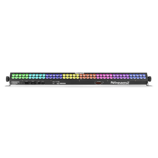 Front view of the BeamZ LCB803 LED Bar showcasing vibrant RGB colors with 80x 3W 3-in-1 LEDs and extensive DMX control options.
