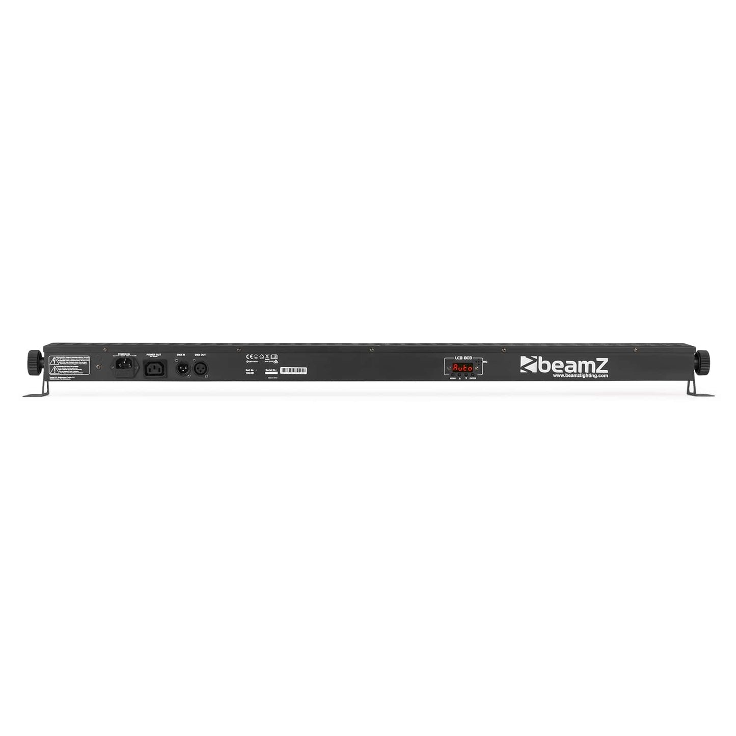 Back view of the BeamZ LCB803 LED Bar showcasing vibrant RGB colors with 80x 3W 3-in-1 LEDs and extensive DMX control options.