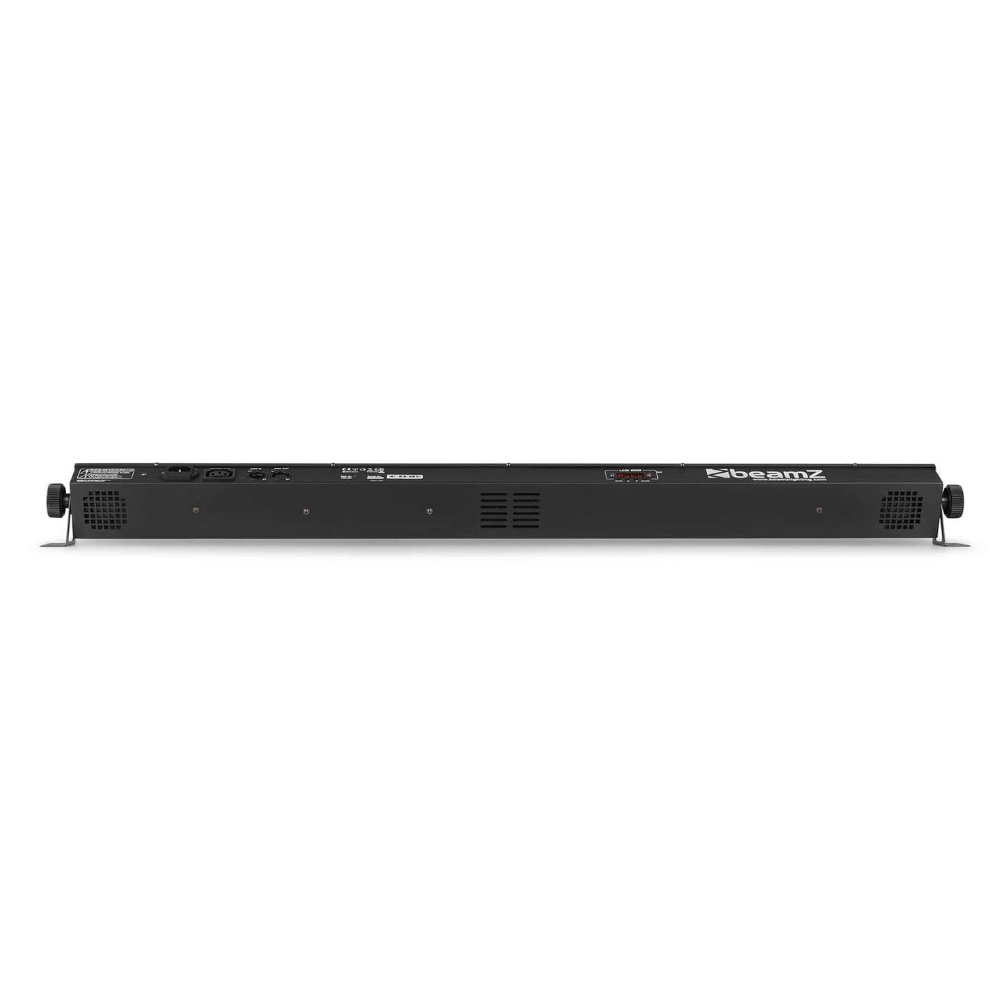 Bottom view of the BeamZ LCB803 LED Bar showcasing vibrant RGB colors with 80x 3W 3-in-1 LEDs and extensive DMX control options.