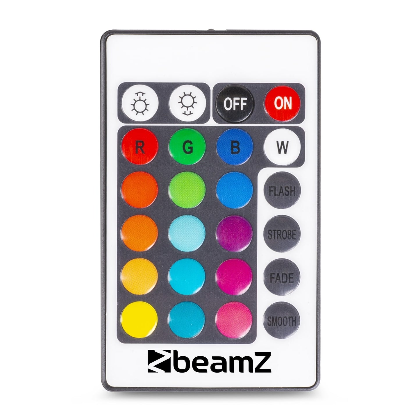 Top view of the remote control for the BeamZ LCB803 LED Bar showcasing vibrant RGB colors with 80x 3W 3-in-1 LEDs and extensive DMX control options.