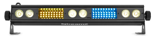 Front view of the BeamZ LSB340 Multi Effect LED Bar showcasing vibrant RGB colors and warm white LEDs with various lighting effects.
