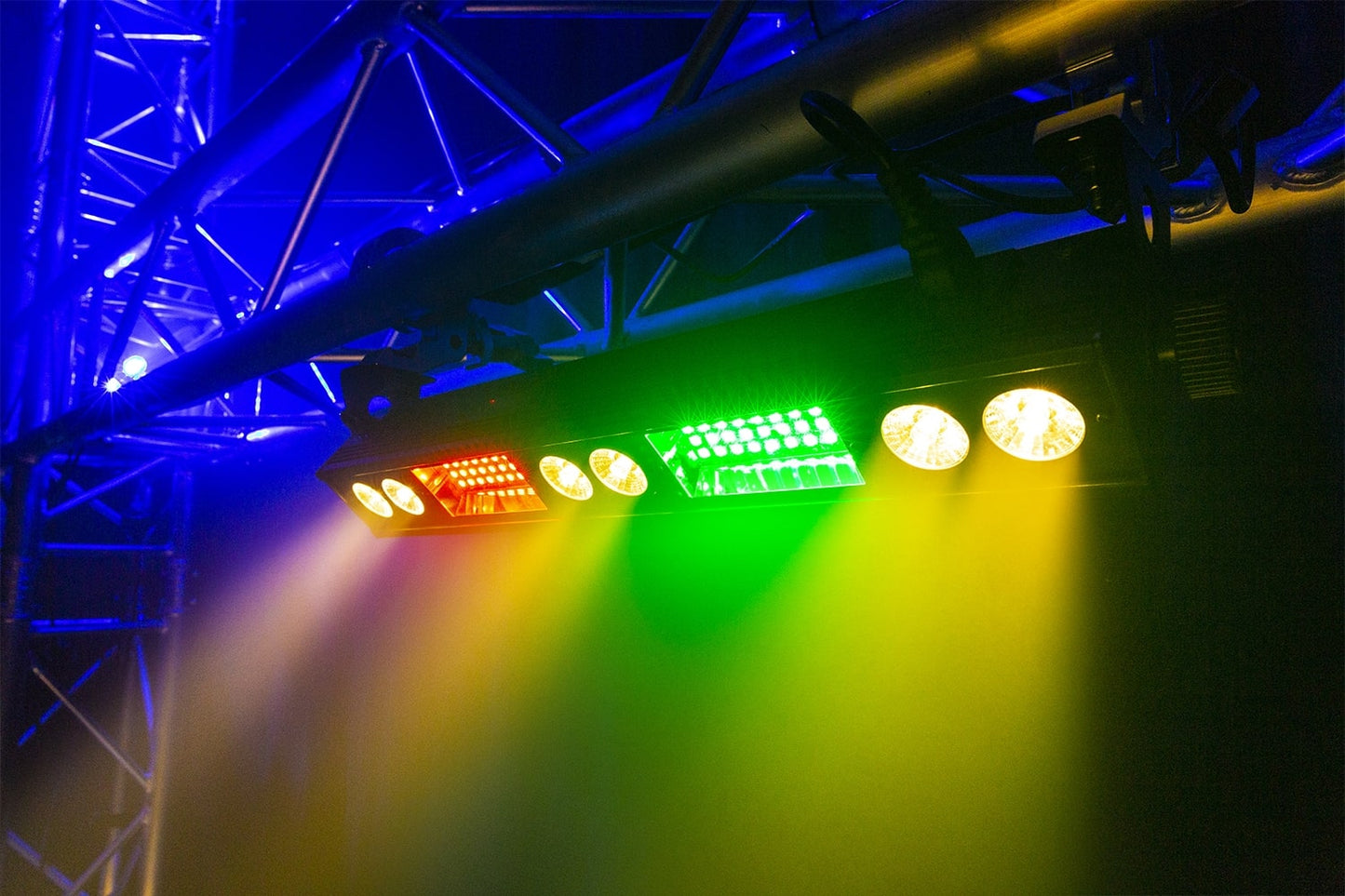Effects view of the BeamZ LSB340 Multi Effect LED Bar showcasing vibrant RGB colors and warm white LEDs with various lighting effects 4.